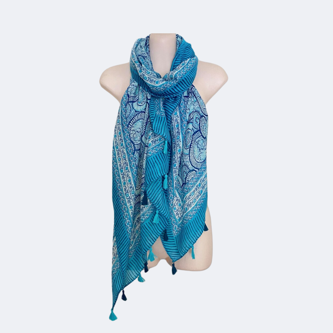 Cotton Linen Floral Shawl with Tassels