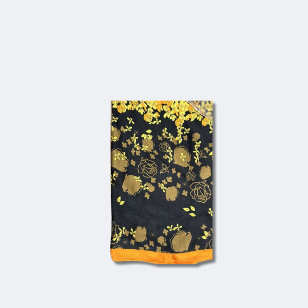 Silk-Feel Scarf – Black with Orange Blossom Print