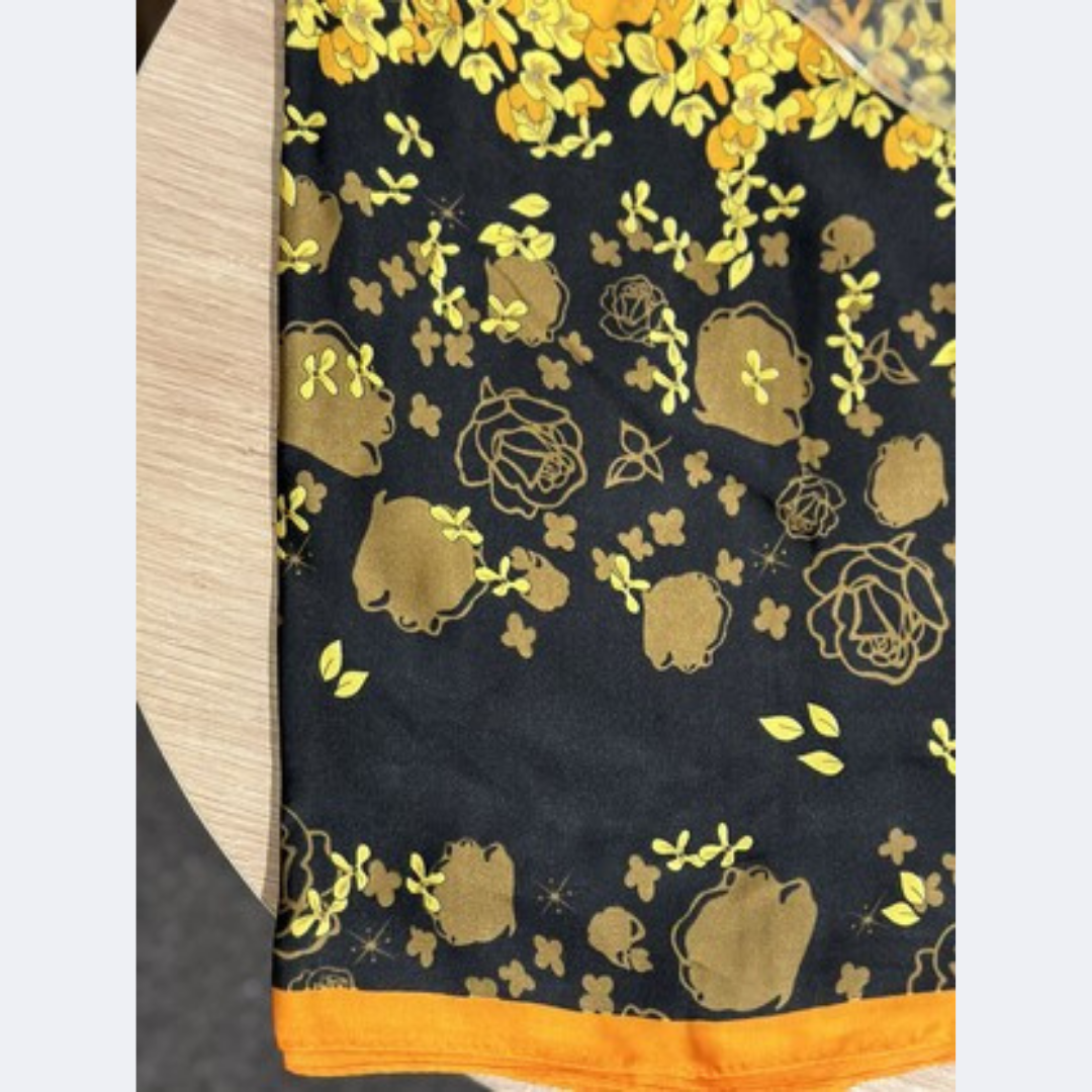 Silk-Feel Scarf – Black with Orange Blossom Print