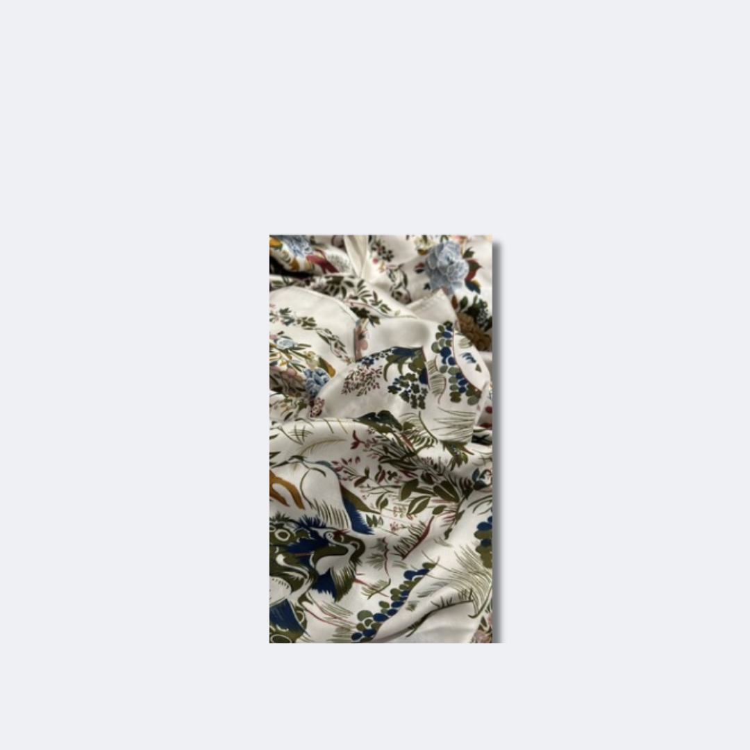 Silk-Feel Scarf – Beige with Bird Print