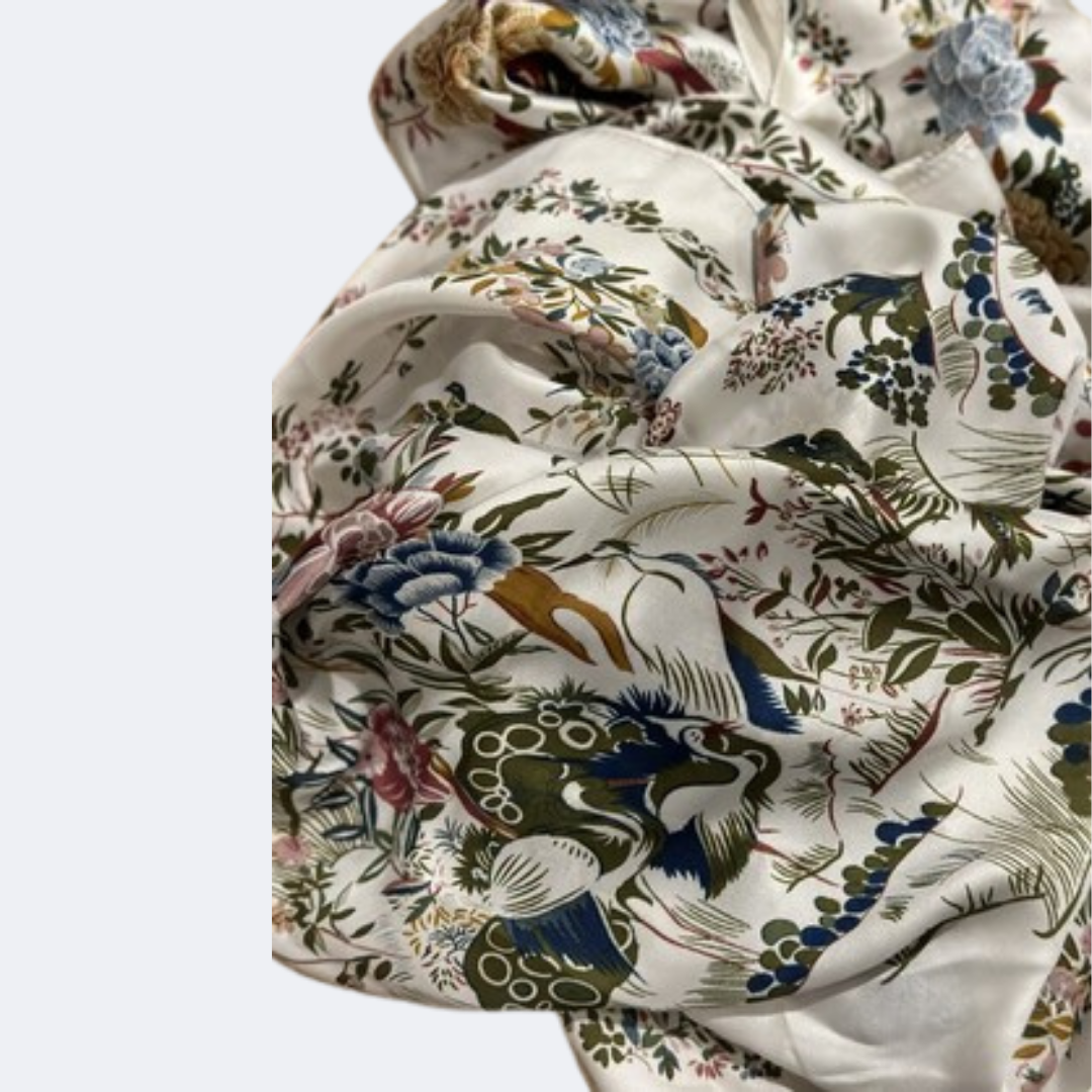 Silk-Feel Scarf – Beige with Bird Print