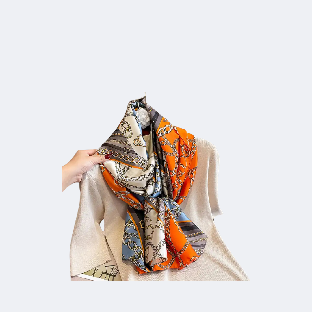 Silk-Feel Scarf – Orange with Chic Chain Print