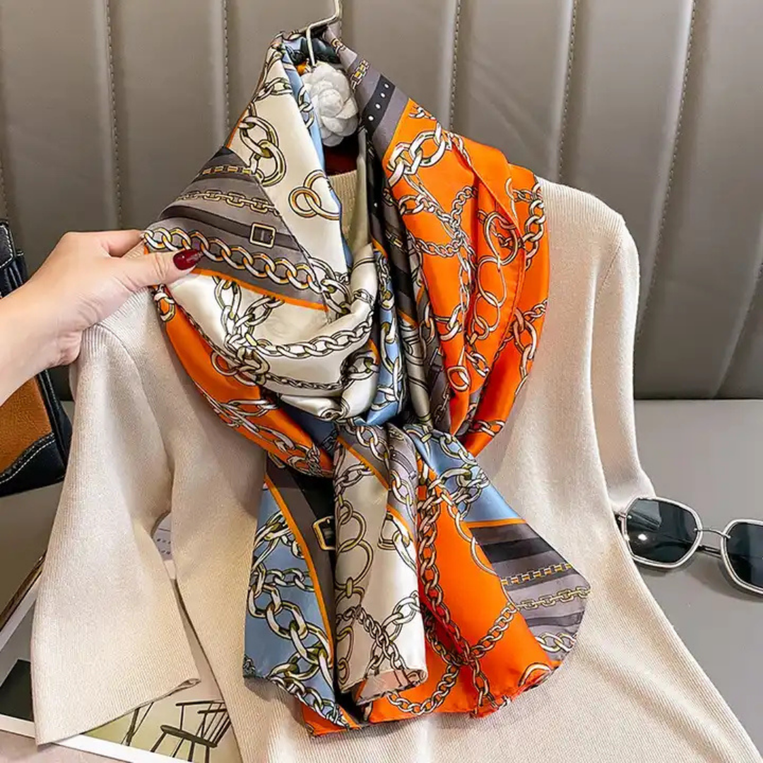 Silk-Feel Scarf – Orange with Chic Chain Print