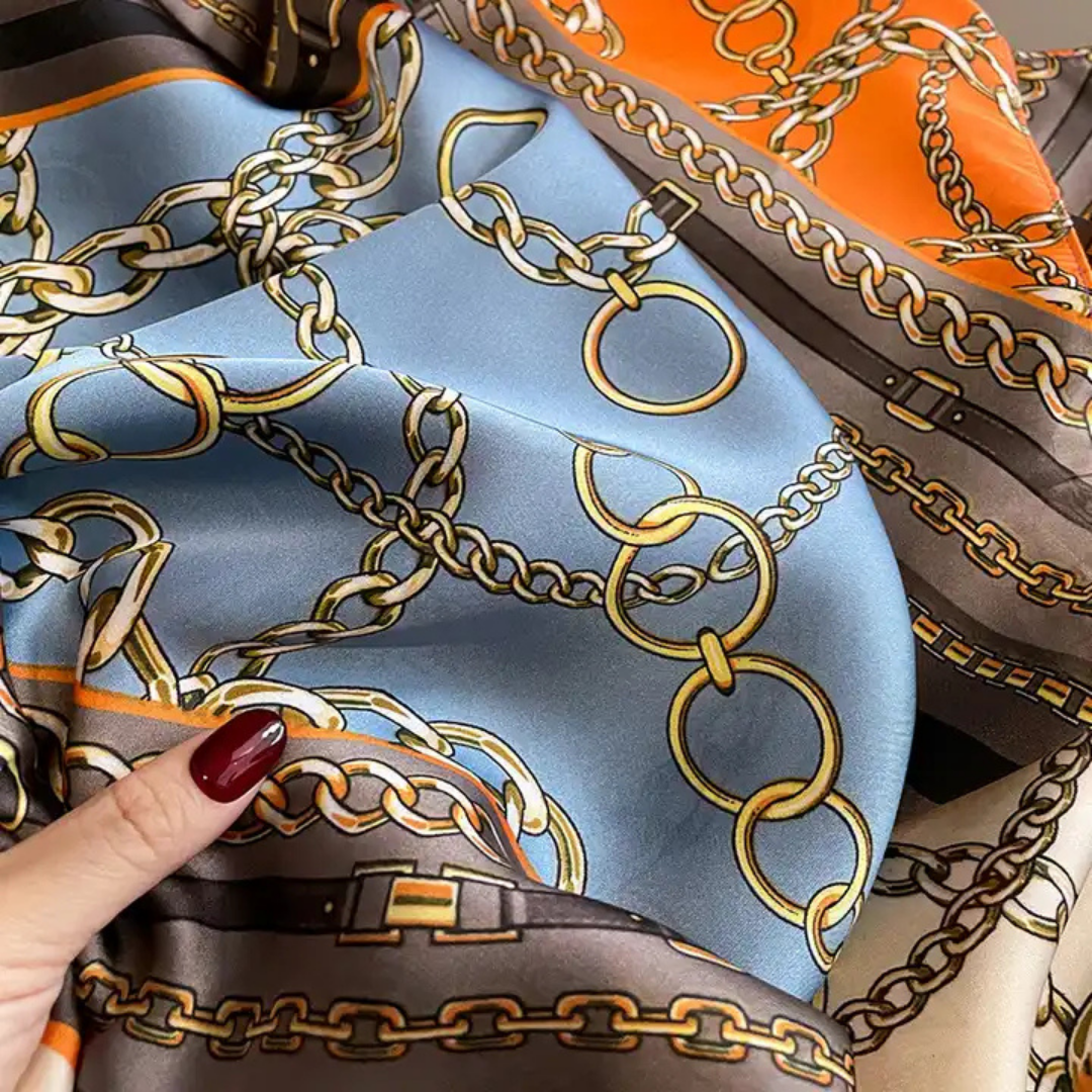 Silk-Feel Scarf – Orange with Chic Chain Print