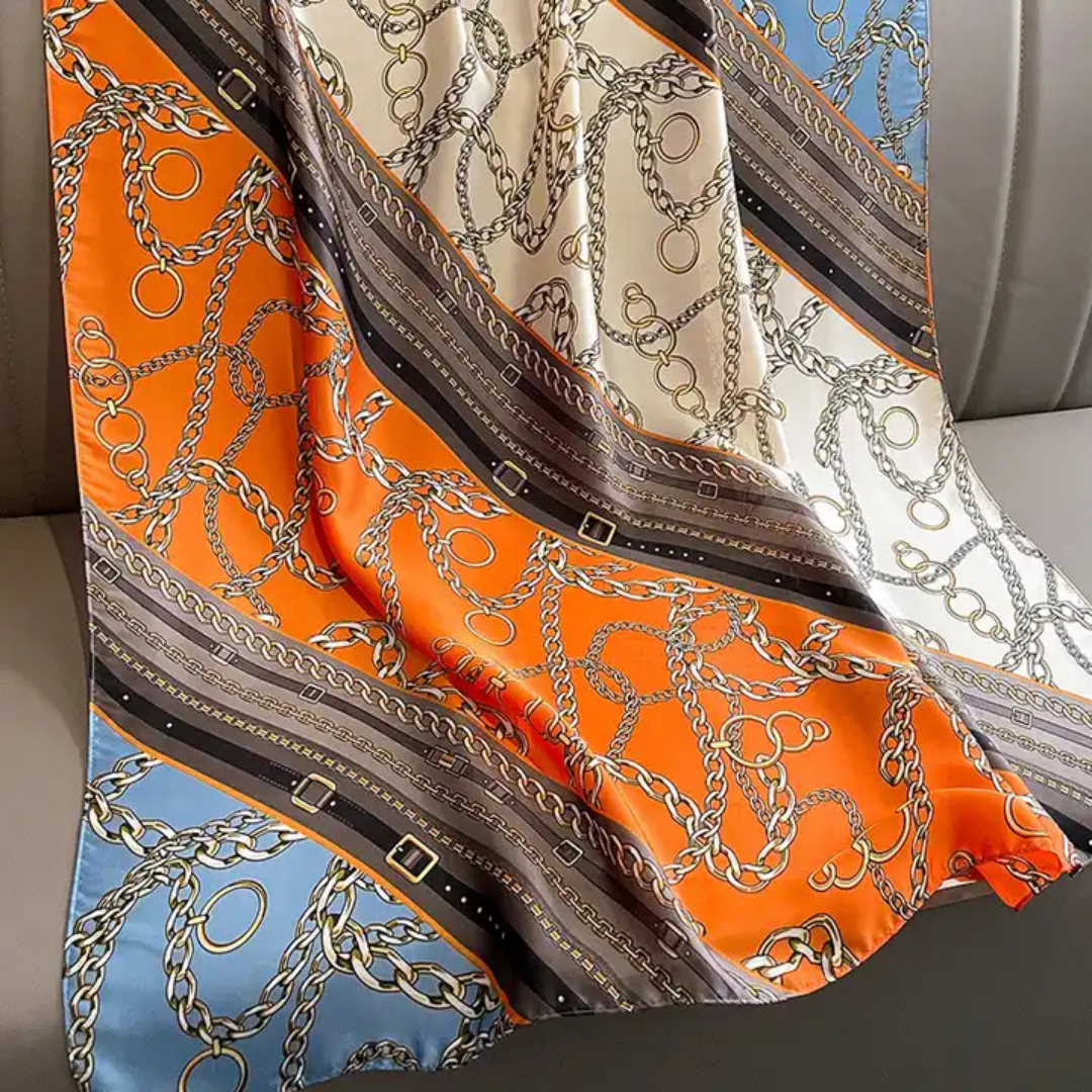 Silk-Feel Scarf – Orange with Chic Chain Print