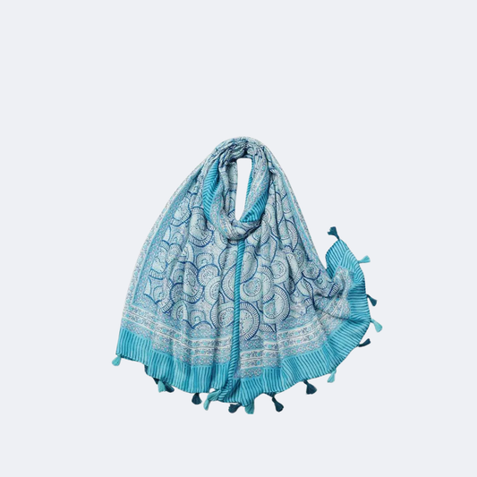 Cotton Linen Floral Shawl with Tassels