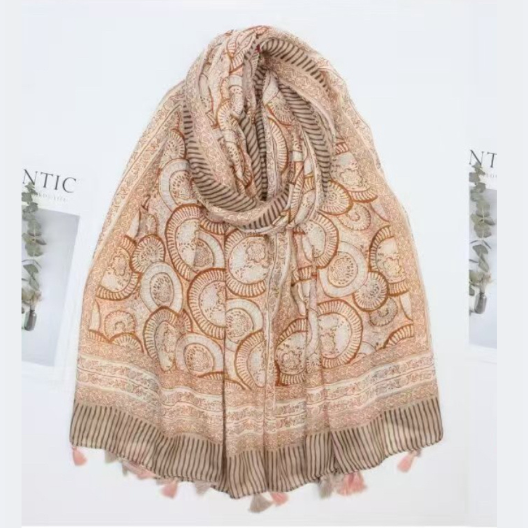 Cotton Linen Floral Shawl with Tassels