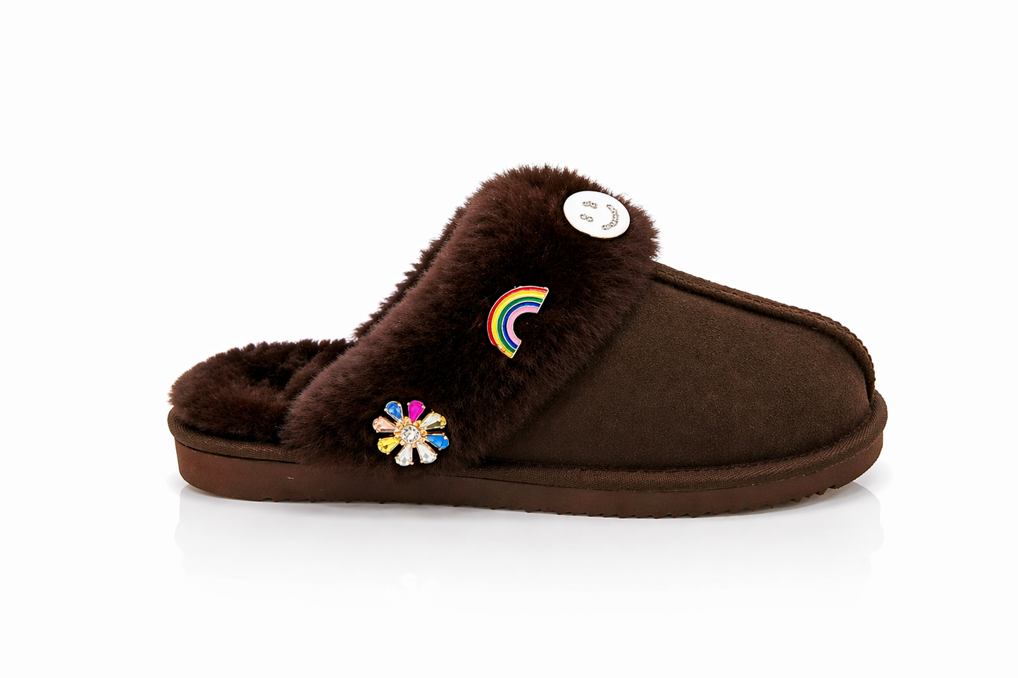 Joy Slippers with Decorative Brooches - White Smiley