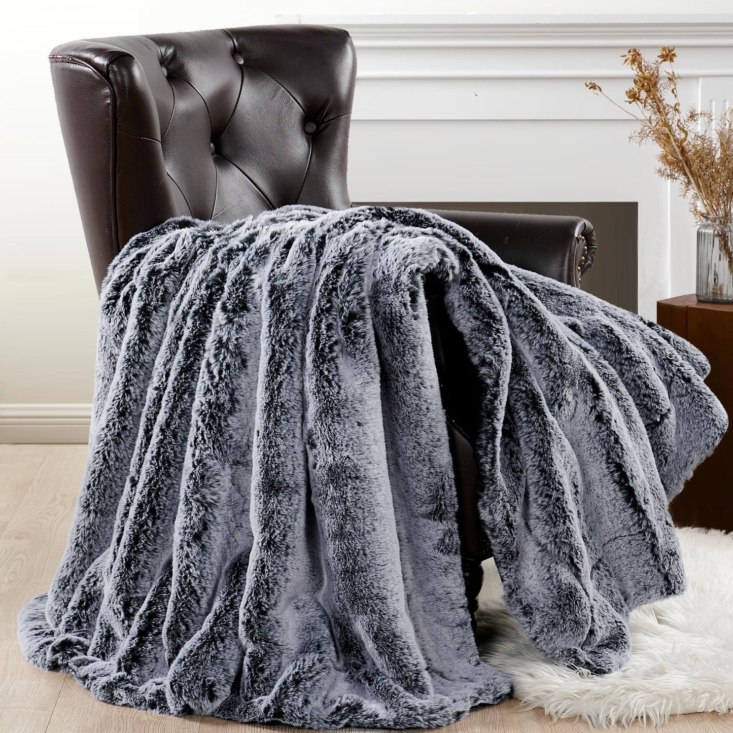 Cozy Faux Fur Throw Blanket- Graphite Stripes | Extra Large Warm Winter Blanket
