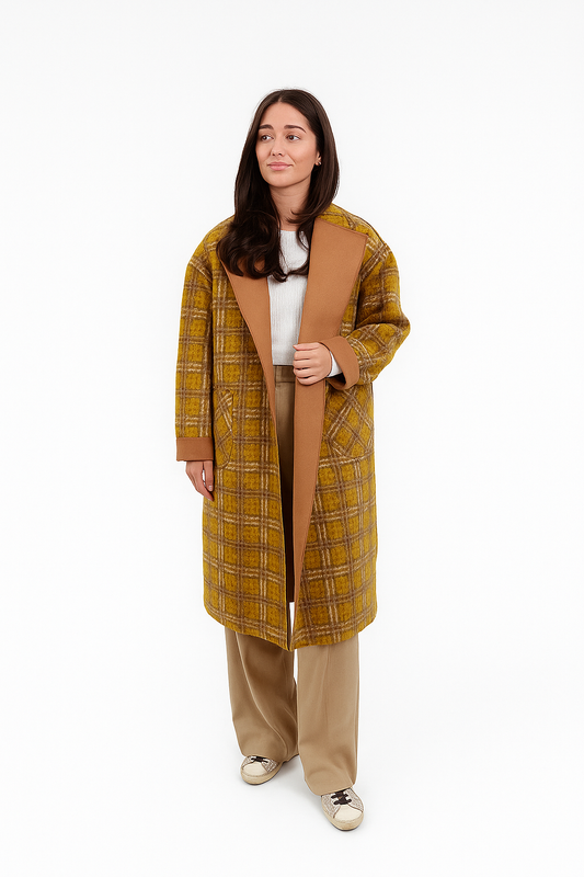 Brown Checked Coat with Lapel