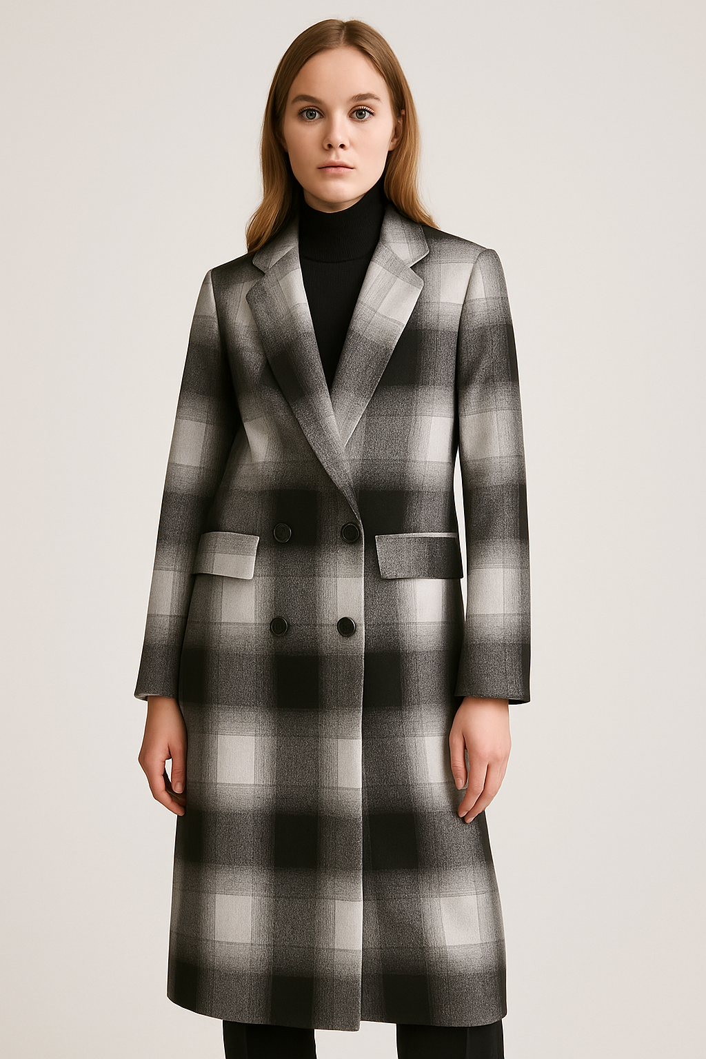 Black, Grey & White Plaid Overcoat