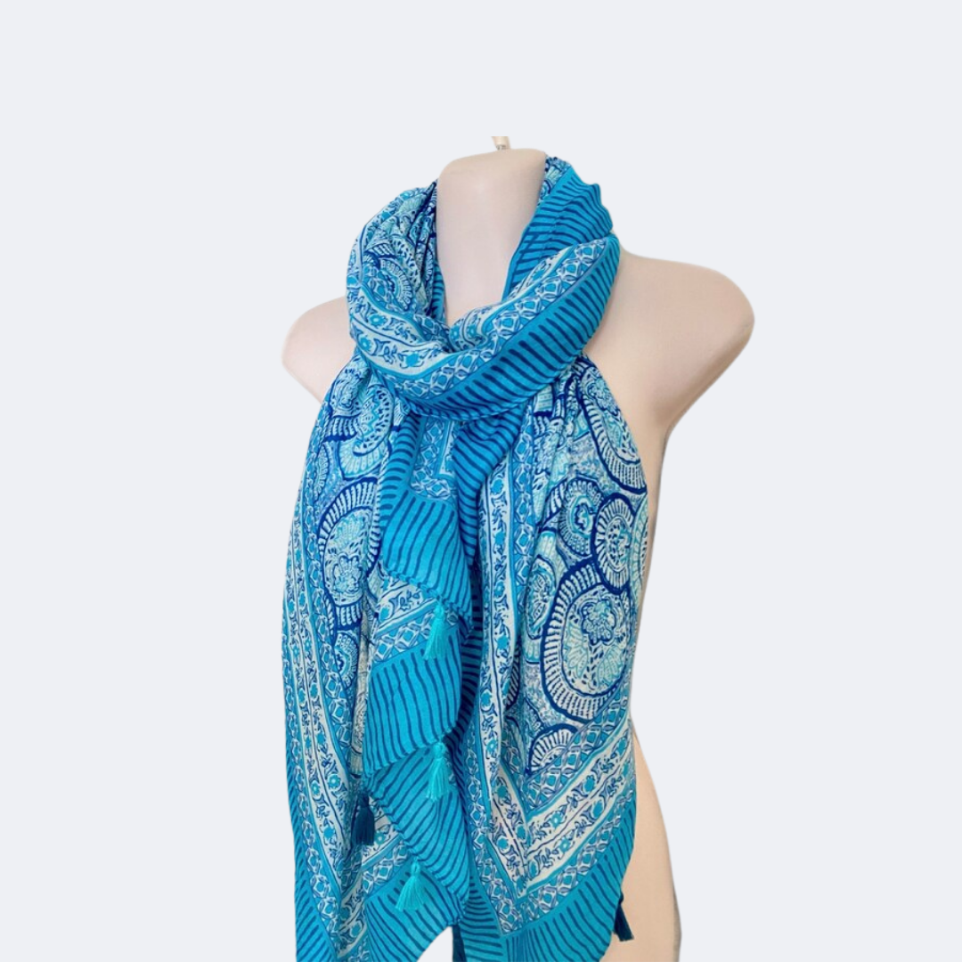 Cotton Linen Floral Shawl with Tassels