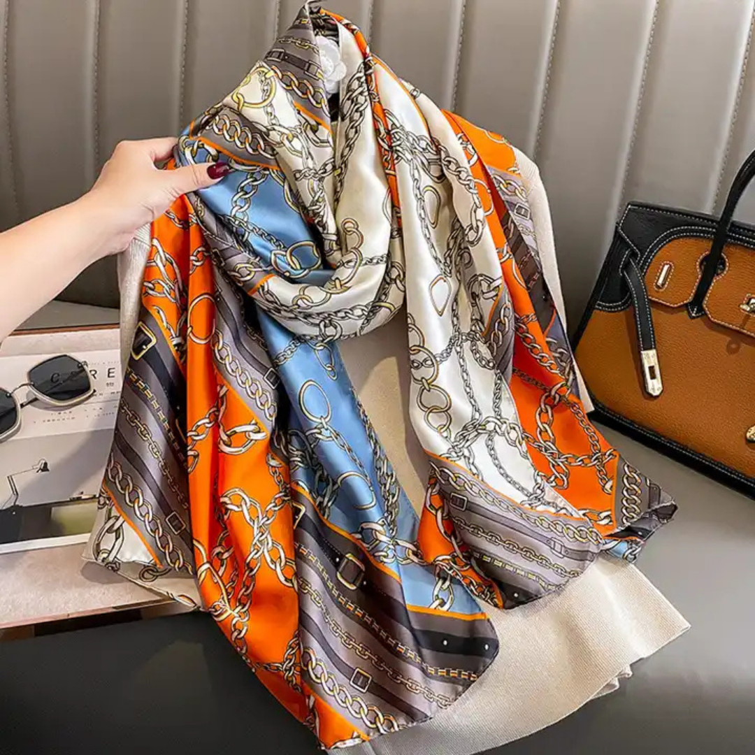 Silk-Feel Scarf – Orange with Chic Chain Print
