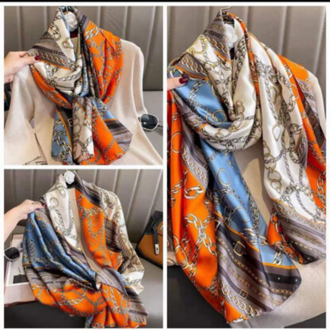 Silk-Feel Scarf – Orange with Chic Chain Print