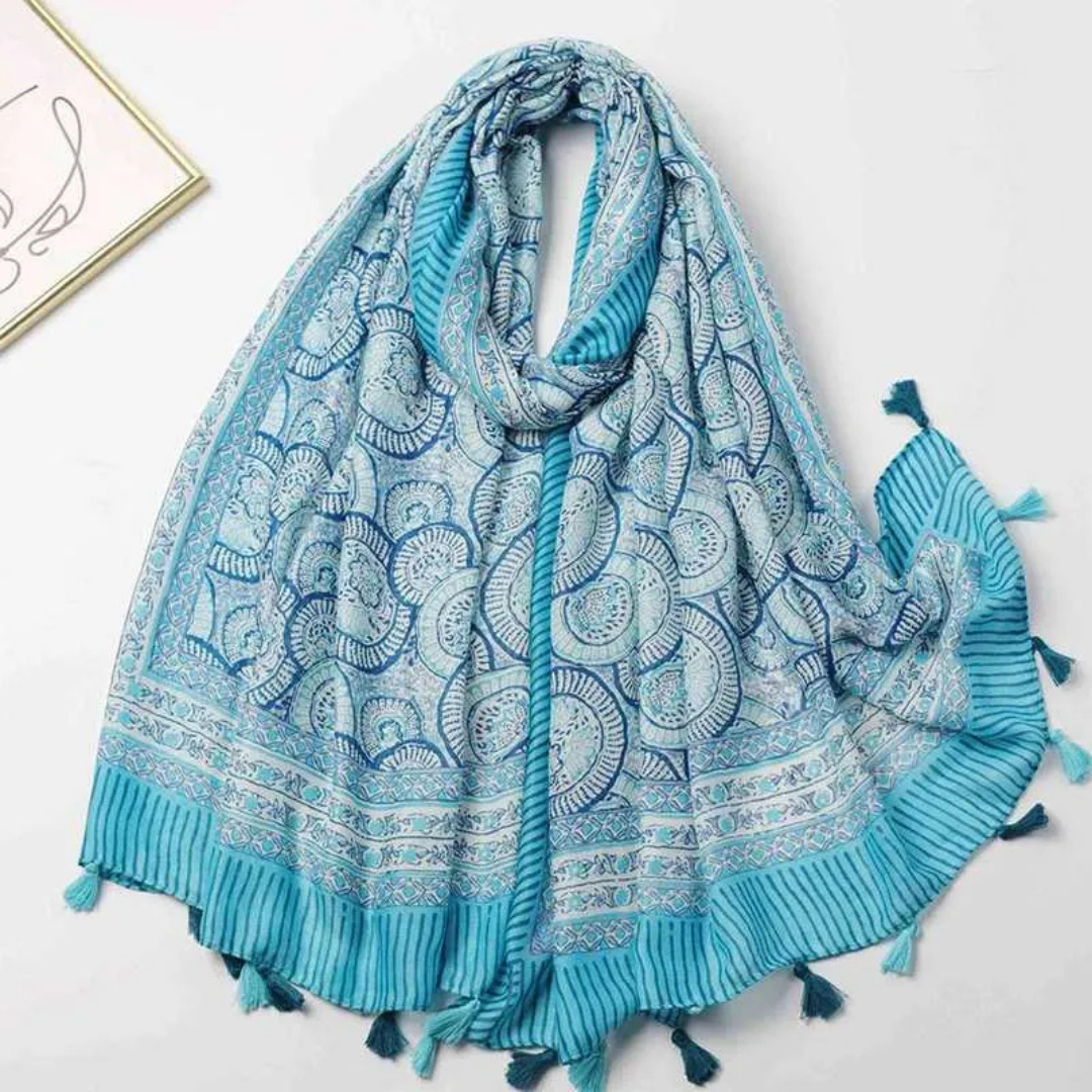 Cotton Linen Floral Shawl with Tassels