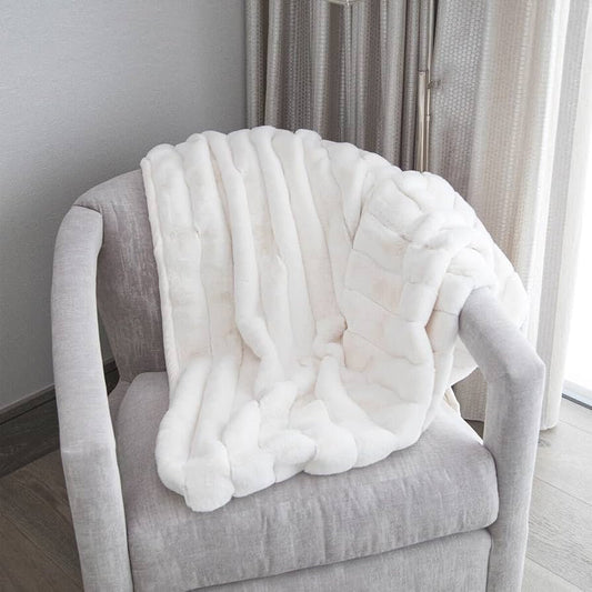 Cozy Faux Fur Throw Blanket- White Stripes | Warm Winter Blanket