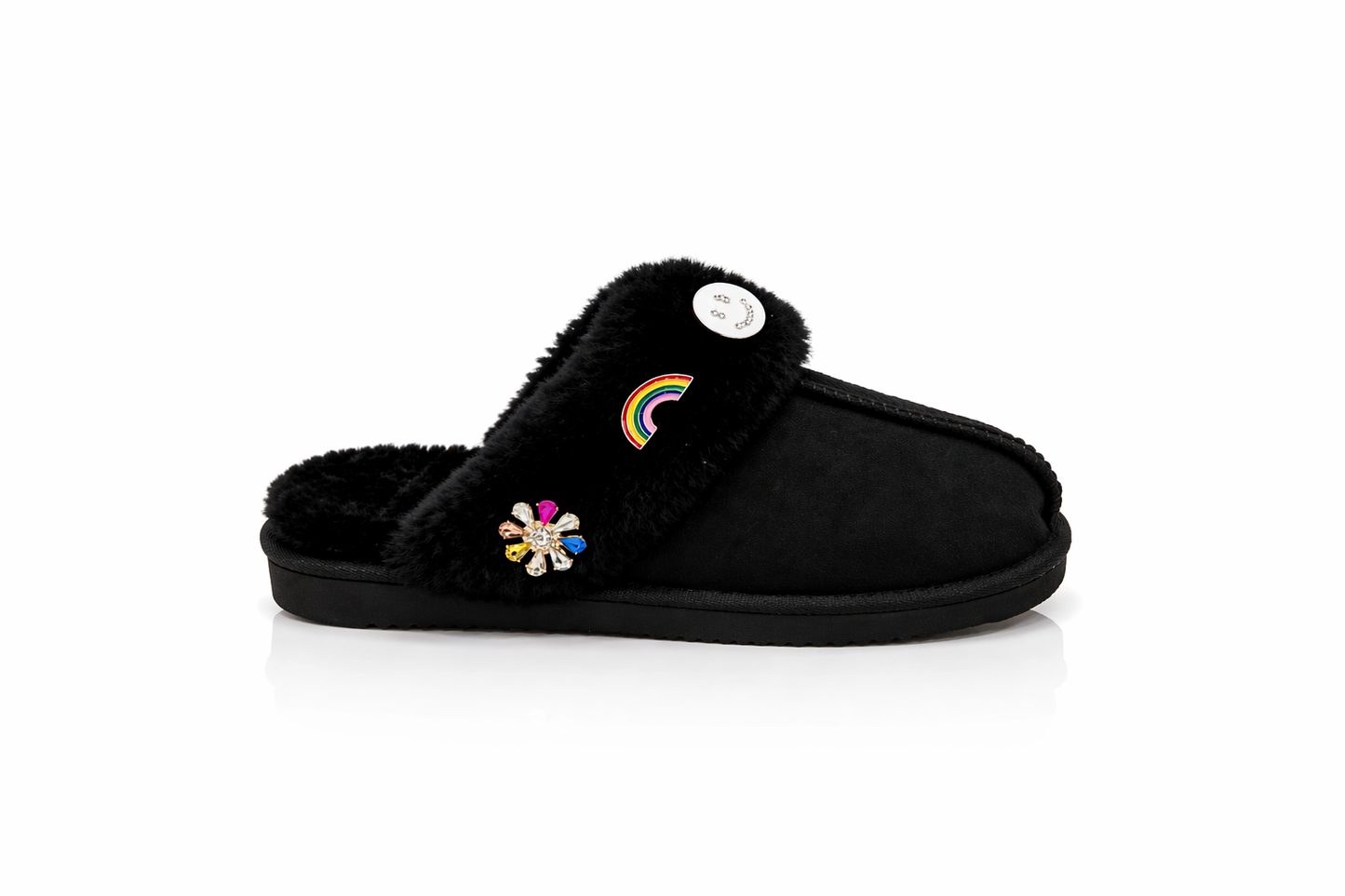Joy Slippers with Decorative Brooches - White Smiley