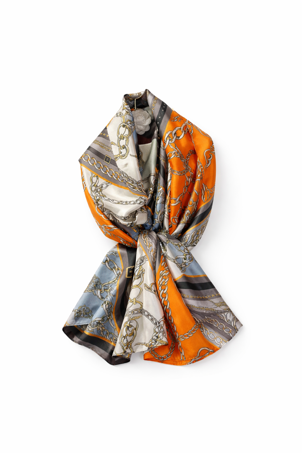 Silk-Feel Scarf – Orange with Chic Chain Print