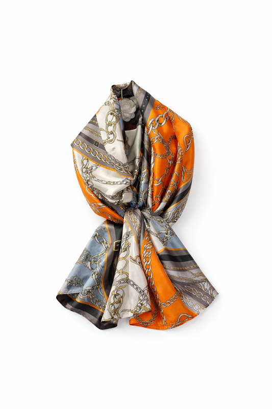 Silk-Feel Scarf – Orange with Chic Chain Print