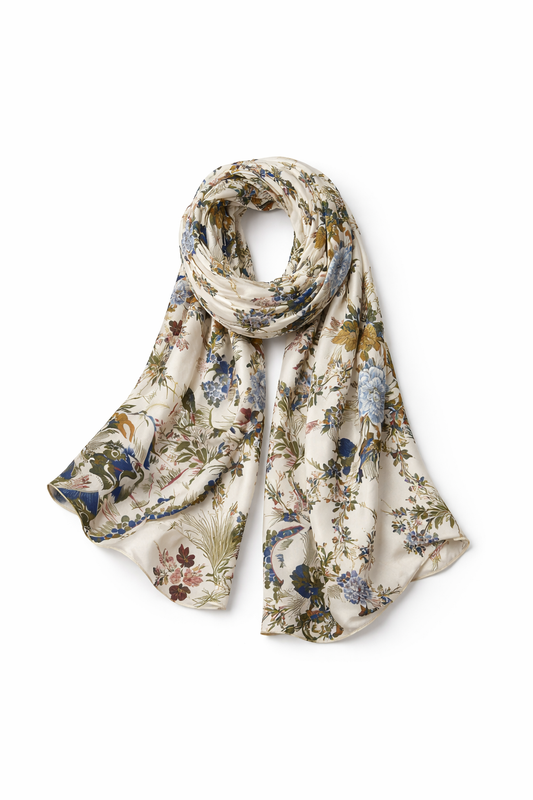 Silk-Feel Scarf – Beige with Bird Print