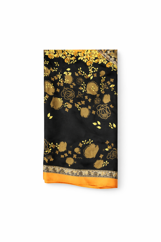 Silk-Feel Scarf – Black with Orange Blossom Print
