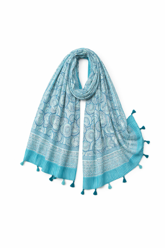 Cotton Linen Floral Shawl with Tassels
