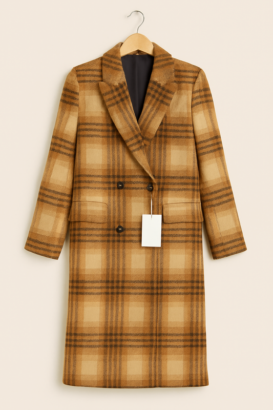 Beige & Brown Plaid Overcoat
