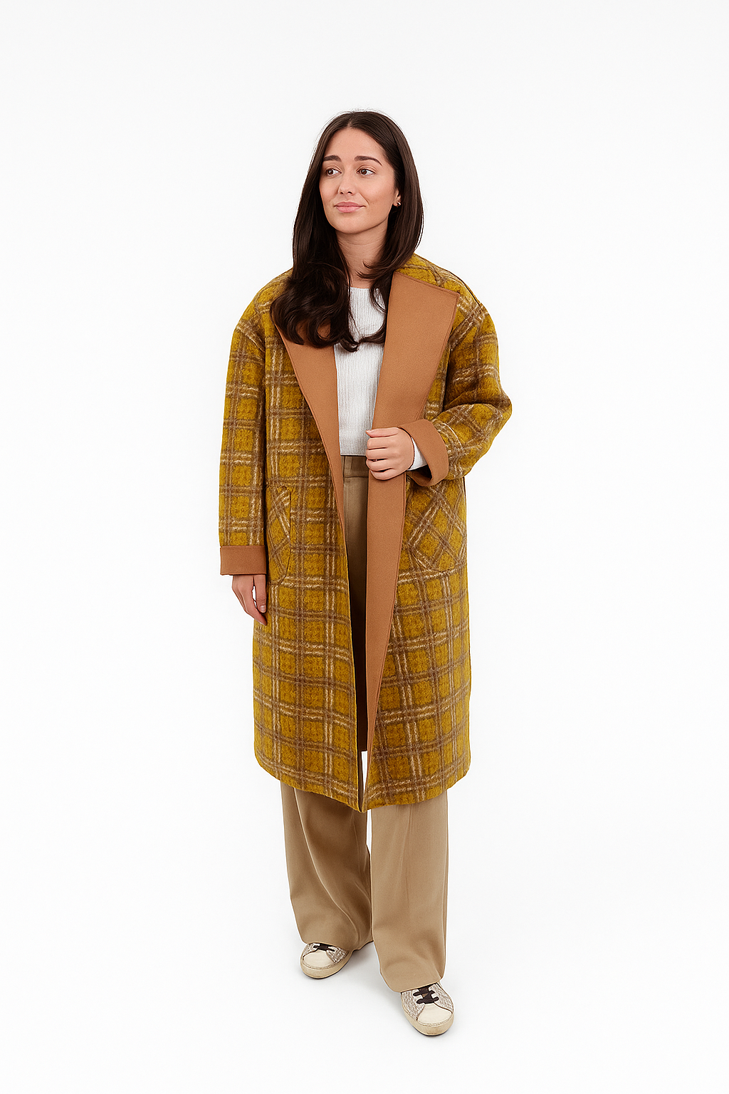 Brown Checked Coat with Lapel