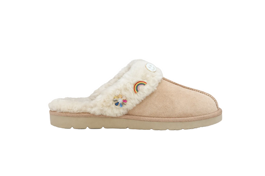 Joy Slippers with Decorative Brooches - White Smiley